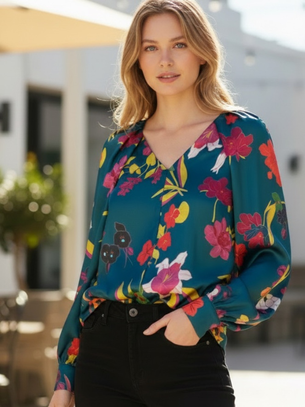 fab'rik Teal Floral V-Neck Long Sleeve Top